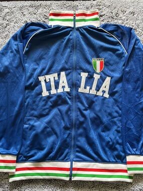 Blue 'ITALIA' Football (soccer) Warm Up Jacket with Italian Flag Trim: Men’s XXL